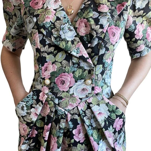 Jessica Howard 80s Dark Floral Secretary Boho Prairie Retro Mini Dress Sz M - Picture 8 of 11
